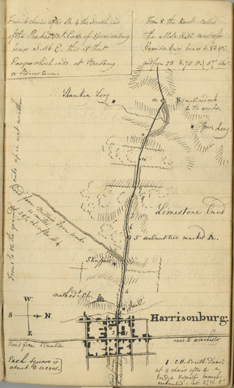 Wilson Miles Cary Fairfax, Plan of Harrisonburg, 1828. The first-known map of Harrisonburg appears in a surveyor’s book, tracing a possible route for an east-west turnpike across the Shenandoah Valley, from Richmond to Franklin, West Virginia (then a part of Virginia).