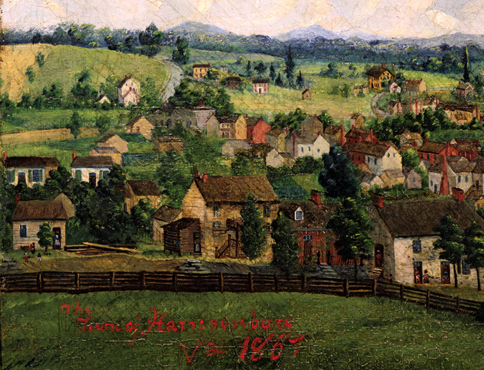 Detail of Emma Lyon Bryan, “Town of Harrisonburg, Va. 1867.” By 1867, many African-American freedmen lived in this row of houses in the town’s “Jail Hill” neighborhood, which would later be leveled during the Urban Renewal era (see slide 10).