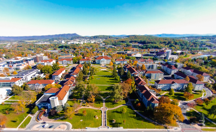 Aerial view of James Madison University, looking east, 2015. Photographer unknown. One of the city’s largest employers, J.M.U. started as a women’s teaching college in 1908. In recent decades, it has been regarded as one of the finest universities in Virginia and the region and now has more than 21,000 students and nearly 1,500 faculty.