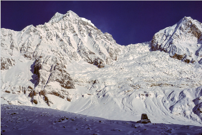 Dhaulagiri, the world’s seventh-highest mountain (26,795 feet), and Dhaulagiri ice fall above the memorial to American and Nepali climbers, 1986.
