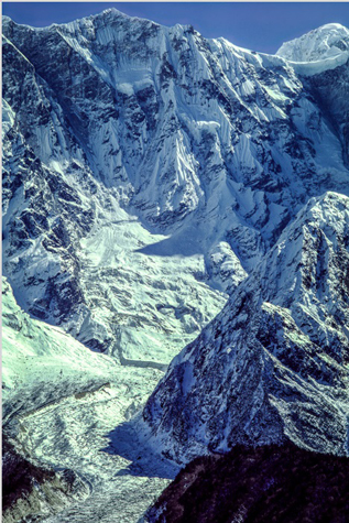 Glaciers below Manaslu, eighth-highest mountain in the world (26, 781 feet), Nepal, 1981.