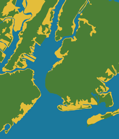 NYC map of a two-meter (6.7-feet) rise in sea level by Morgan Pfaelzer. Copyright © 2016 Center for the Study of Place. Source: Climate Central.
