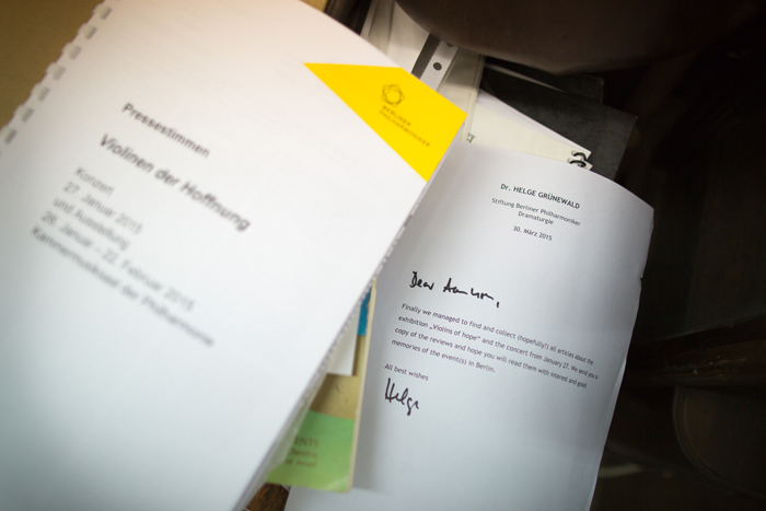 A personal letter from Dr. Helge Grünewald, the curator of the Berliner Philharmoniker, to Amnon Weinstein, thanking him for flying &lt;br&gt;to Berlin where he was awarded the Order of Merit of the Federal Republic of Germany.