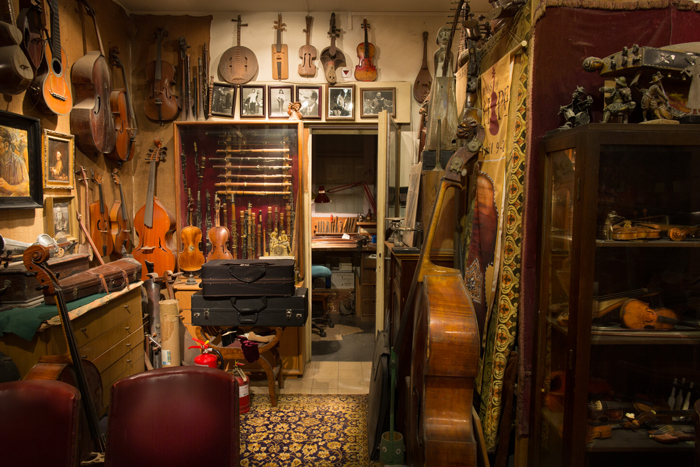 The view from Amnon’s desk. His father Moshe’s workshop can be seen through the open door. As boys, virtuoso violinists Itzhak Perlman, Pichas Zukerman, and Shlomo Mintz would come to Moshe for help with their violins. He supported them throughout their careers, until his death.