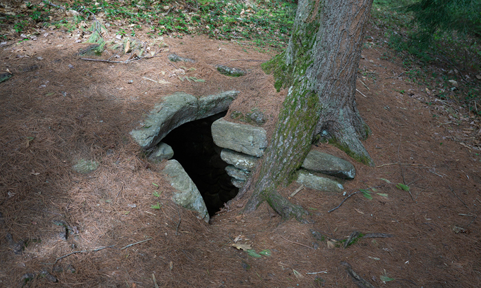 On Nipmuc and Pocumtuck homelands. Entrance to a cylindrical chamber, origin and date unknown. Leverett, 2020.